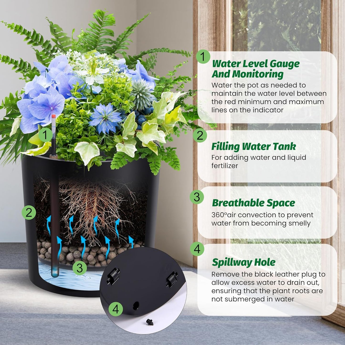 Tall Round Planter Set of 2, 19.5‘’ H x 19.9" Dia Large Planters for Indoor Plants with Built-in Drainage and a Water Level Monitor and Wheels for Patio, Porch, Living Room, or Home Office, Black