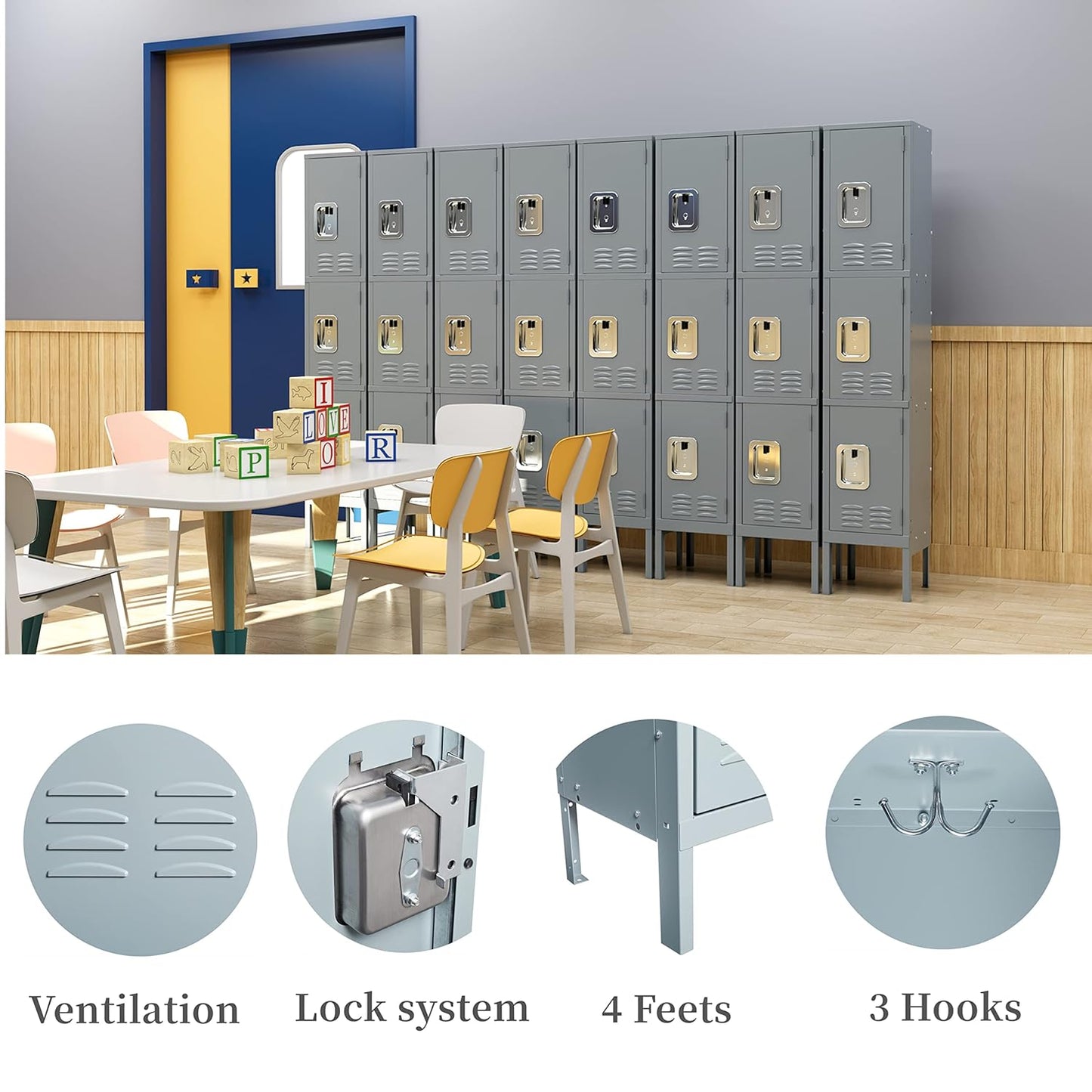 Yizosh Metal Lockers for Employees with Lock, Employees Locker Storage Cabinet with 3 Doors, Tall Steel Storage Locker for Gym, School, Office