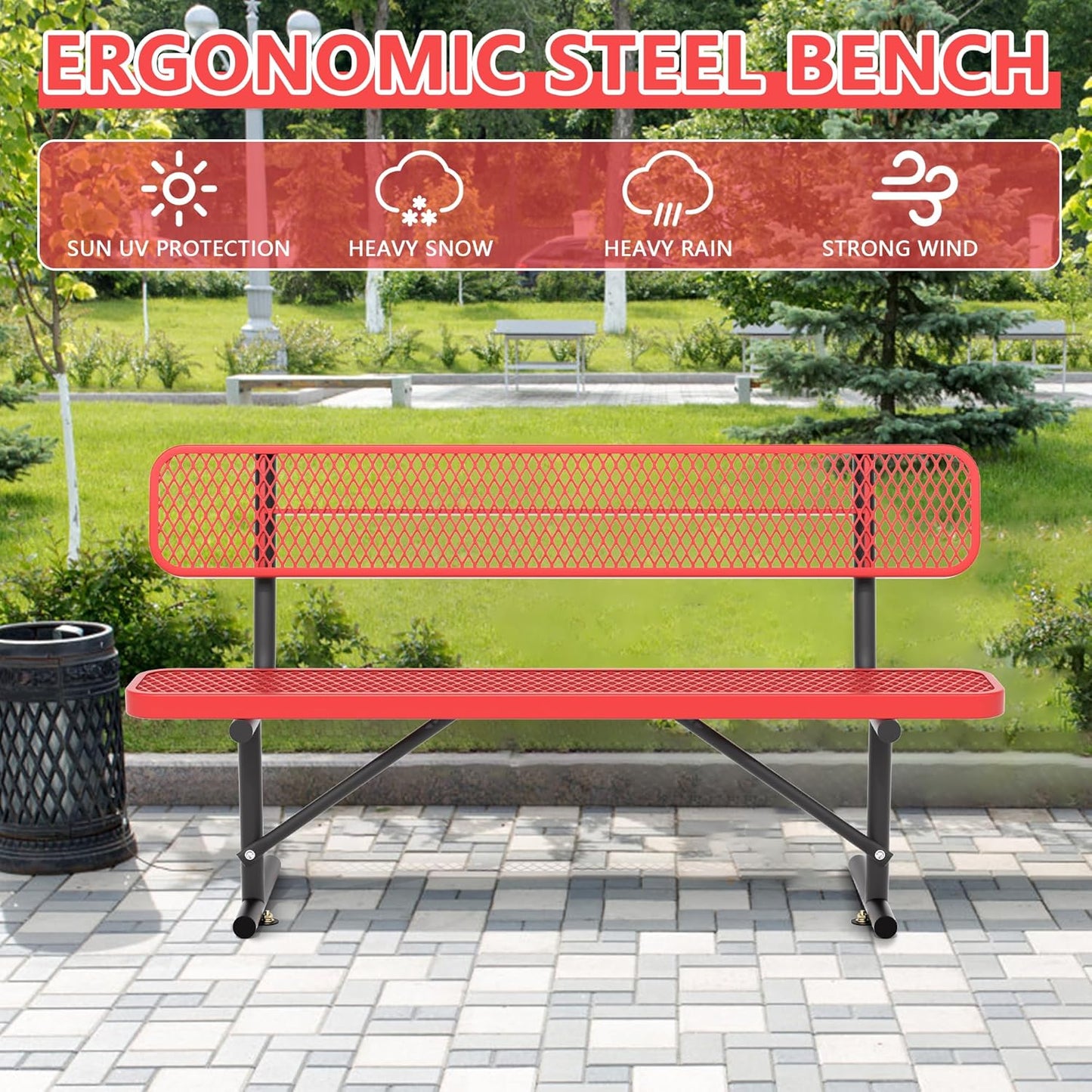 6FT Park Bench for Outside, Heavy-Duty Garden Bench W/ Back, Red Outdoor Metal Bench for Sitting Area, Commercial Bench for School Patio Porch Backyard Sports Church Locker Room Shopping Centers