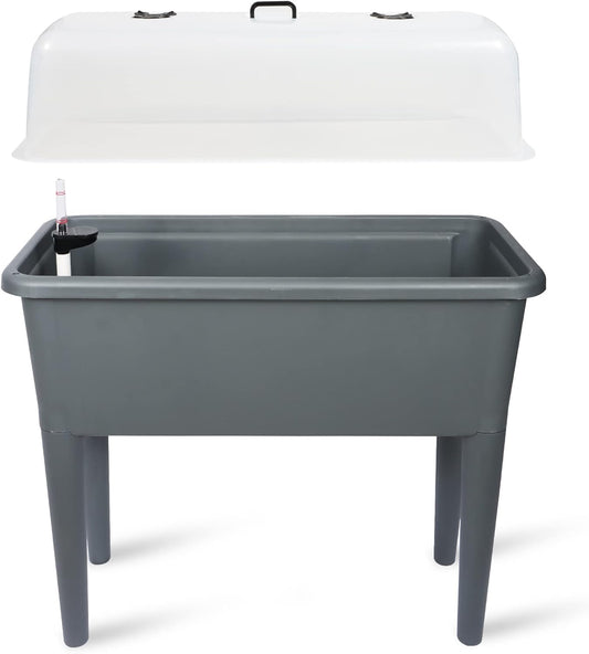 Dexceder 13.2 Gallon Self Watering Raised Garden Bed with Ventilation Transparent Lid Greenhouse, Deepen Vegetable Flower Box Planter Pot with Removeble Legs & Water Level Indicator (Deep Gray)