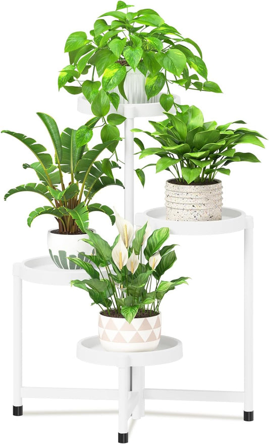 iDavosic.ly 4 Tier Folding Plant Stand Indoor Outdoor with Plastic Tray, Tiered Corner Flower Holder Shelf, Metal Orchid Display Rack for Patio Porch Living Room Garden Balcony, White