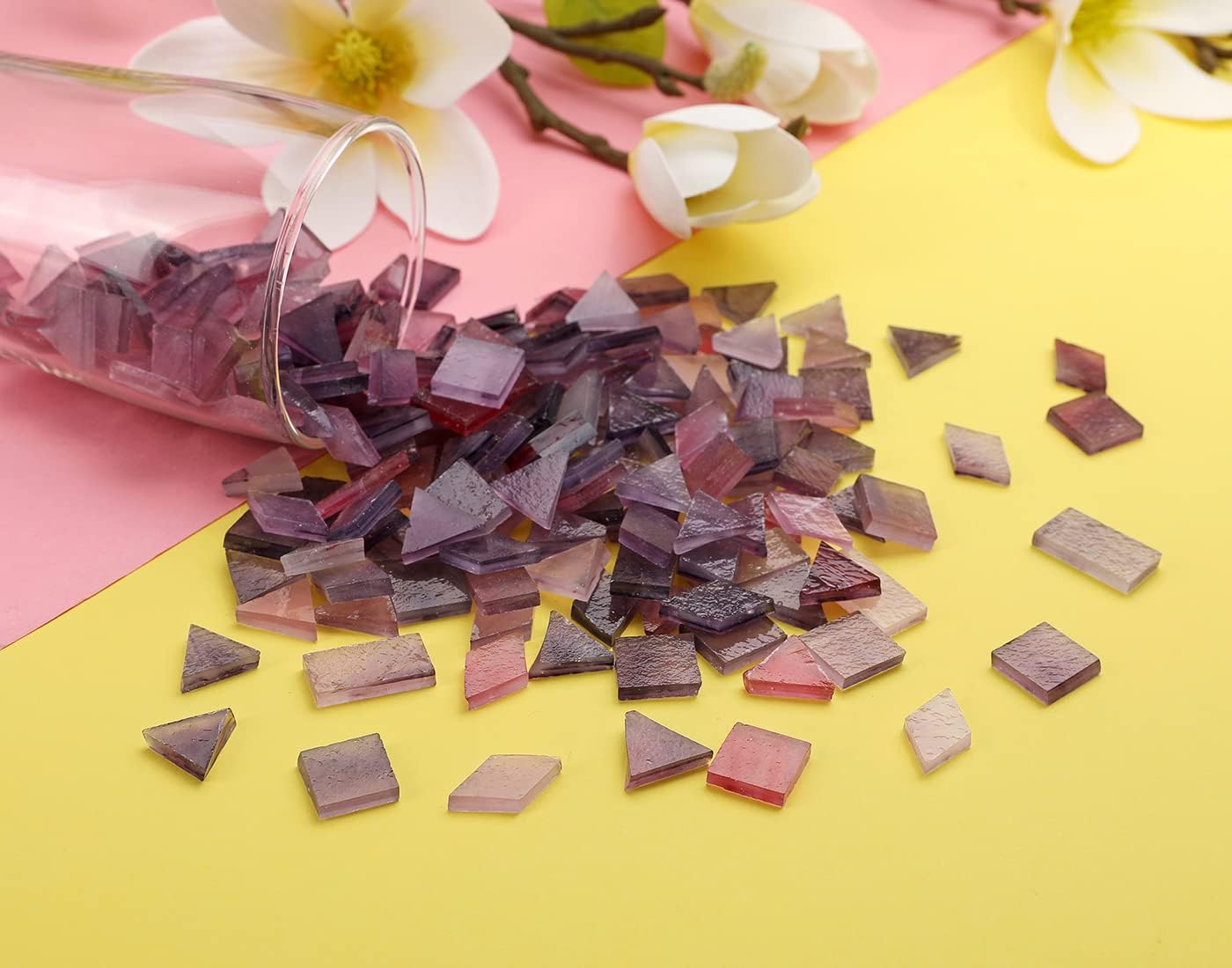 Lanyani 200 Mixed Color Glass Mosaic Tiles - 4 Shapes, Tiffany Stained Glass Pieces for Crafts, Purple