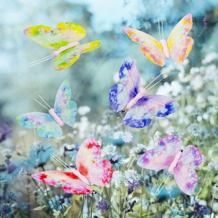 Berfutall- Spring Feather Butterfly Decorations Set 6 Color of 12pcs Vibrant Multi Colored Craft Butterflies on Clip .Party Home Decor Floral Pics