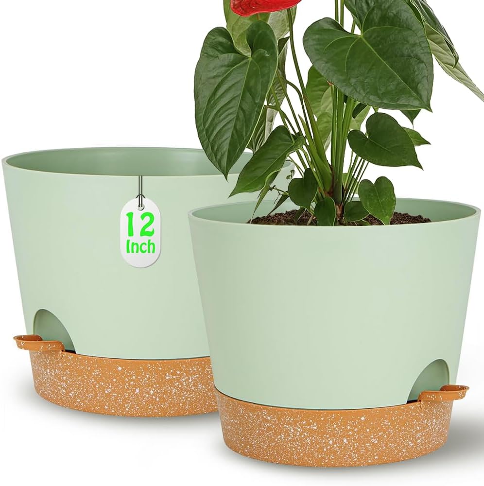 Self Watering Green Plastic Plant Pot Flower Planters with Drainage Hole And Deep Reservoir Large Planting Pots for for All Houseplants,Succulent, African Violets, Flowers and Cactus 12Inch/2pcs