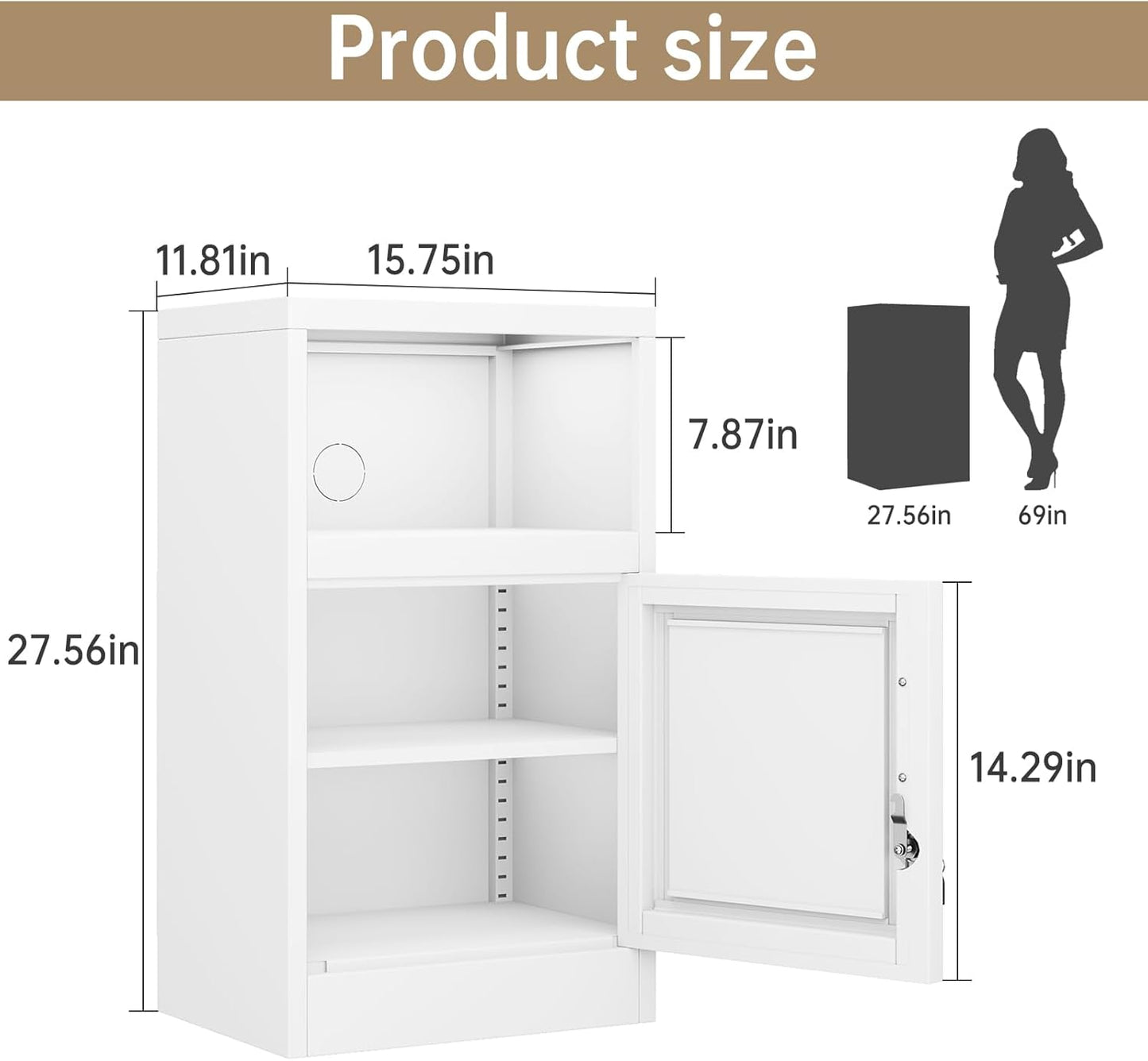 27" Metal Nightstand with Locked Doors, Small Sidetable with 1 Storage Shelf, Storage Cabinet for Bedroom, Metal End Table for Home, Office White