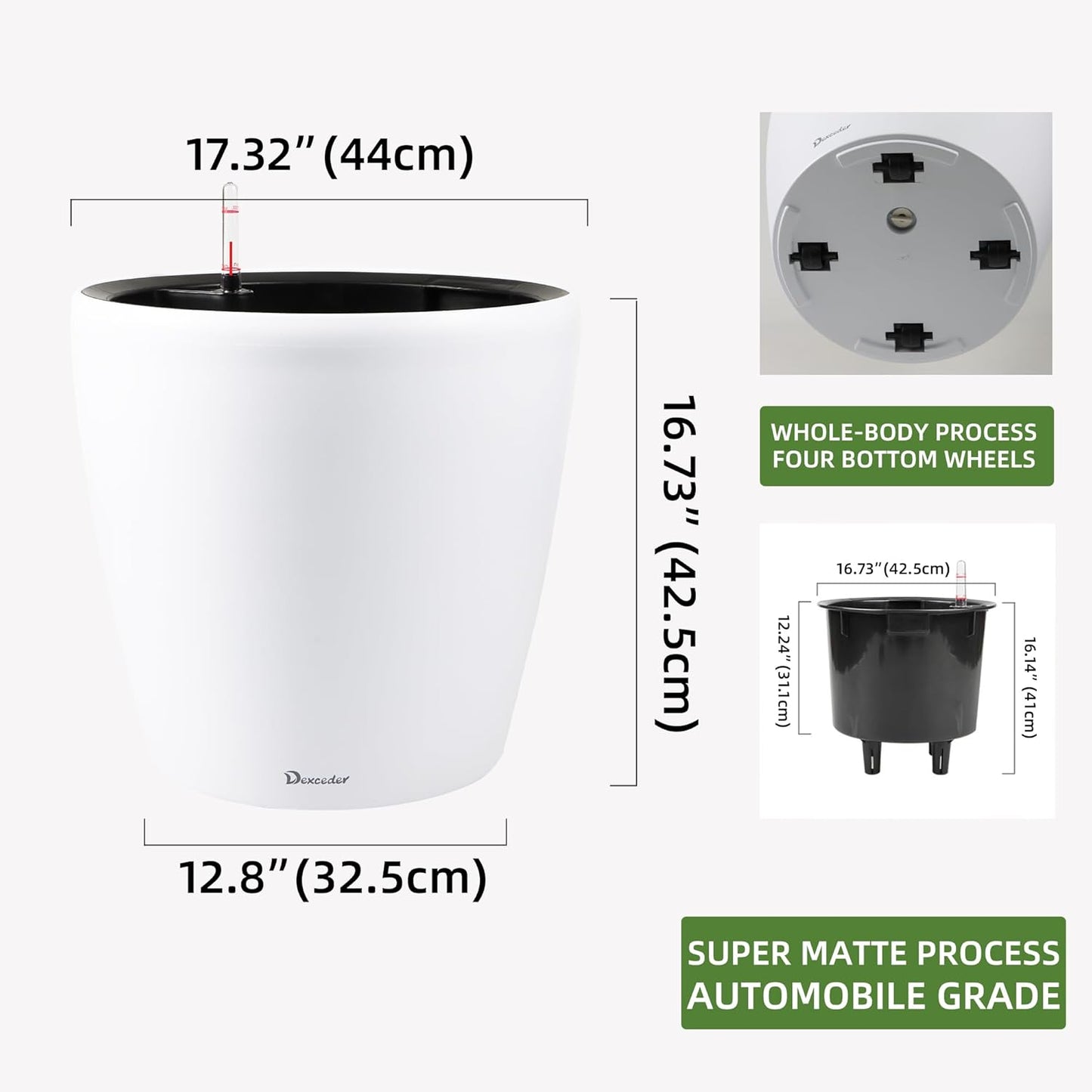 Dexceder 18x17 Self Watering Planter with Wheels Indoor Outdoor, Inner Pot Design, Thickened Large Floor Standing Flower Plant Pot with Water Level Indicator (White Matte)
