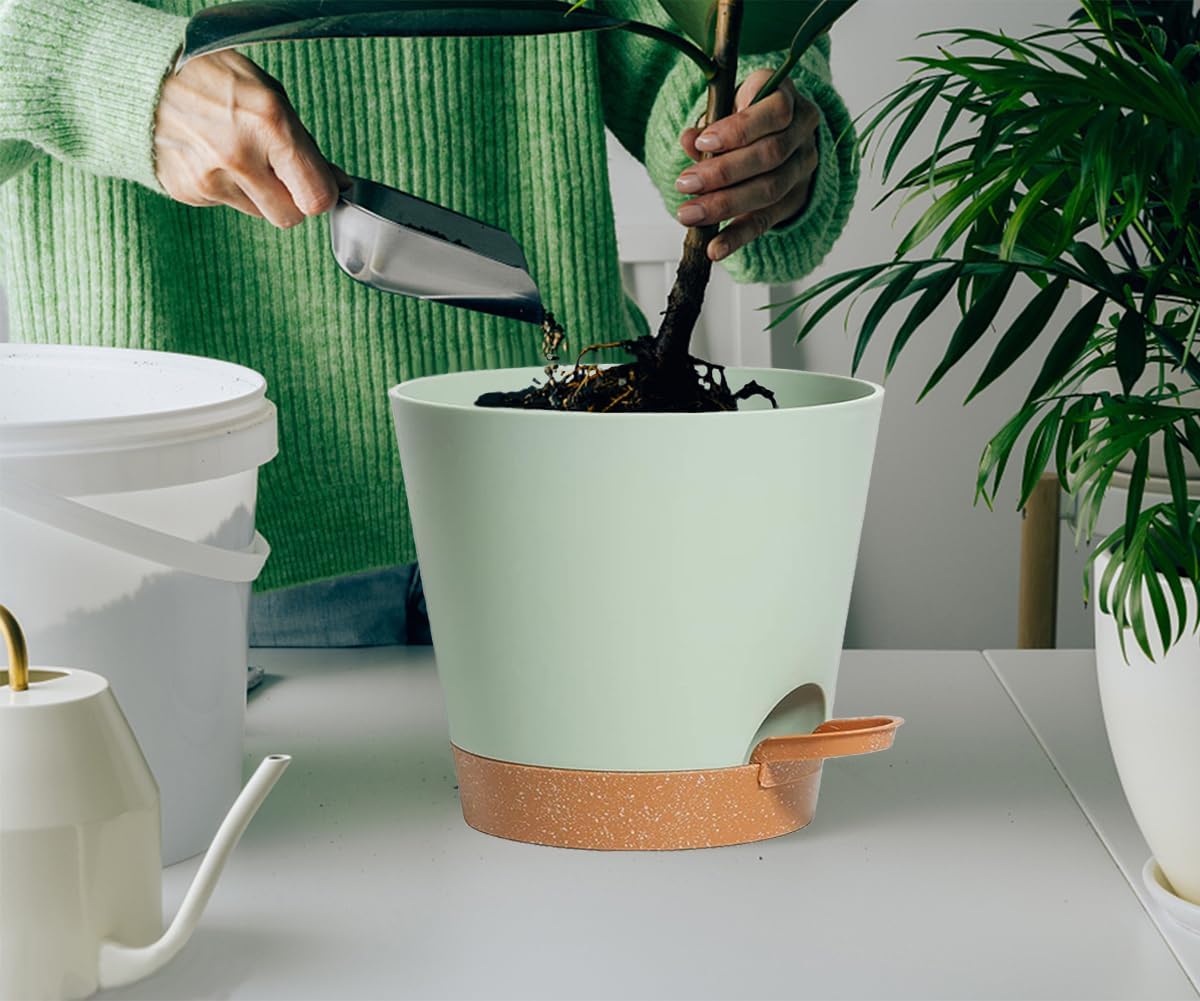 Self Watering Green Plastic Plant Pot Flower Planters with Drainage Hole And Deep Reservoir Large Planting Pots for for All Houseplants,Succulent, African Violets, Flowers and Cactus 12Inch/2pcs