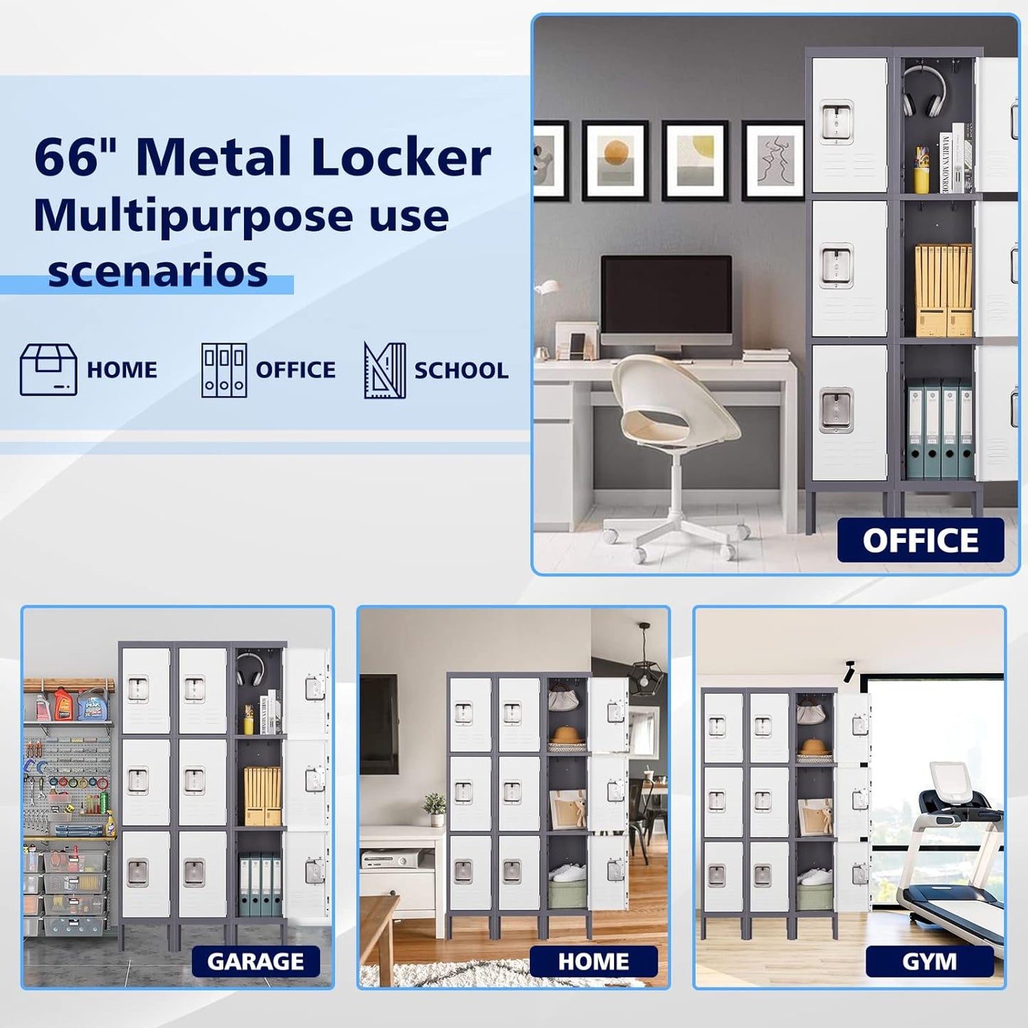 Letaya Storage Locker,66" Employees Metal Cabinet 3 Door Lockable for School Gym Home Office Staff