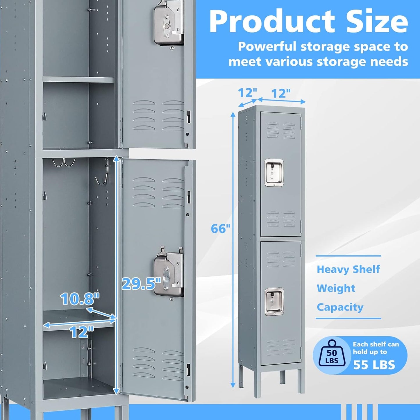 Letaya Storage Locker with Lock Door,Metal Storage Cabinet 4 Tier with Hook for Employees, School,Gym, Home,Office(2 Door-Gray)