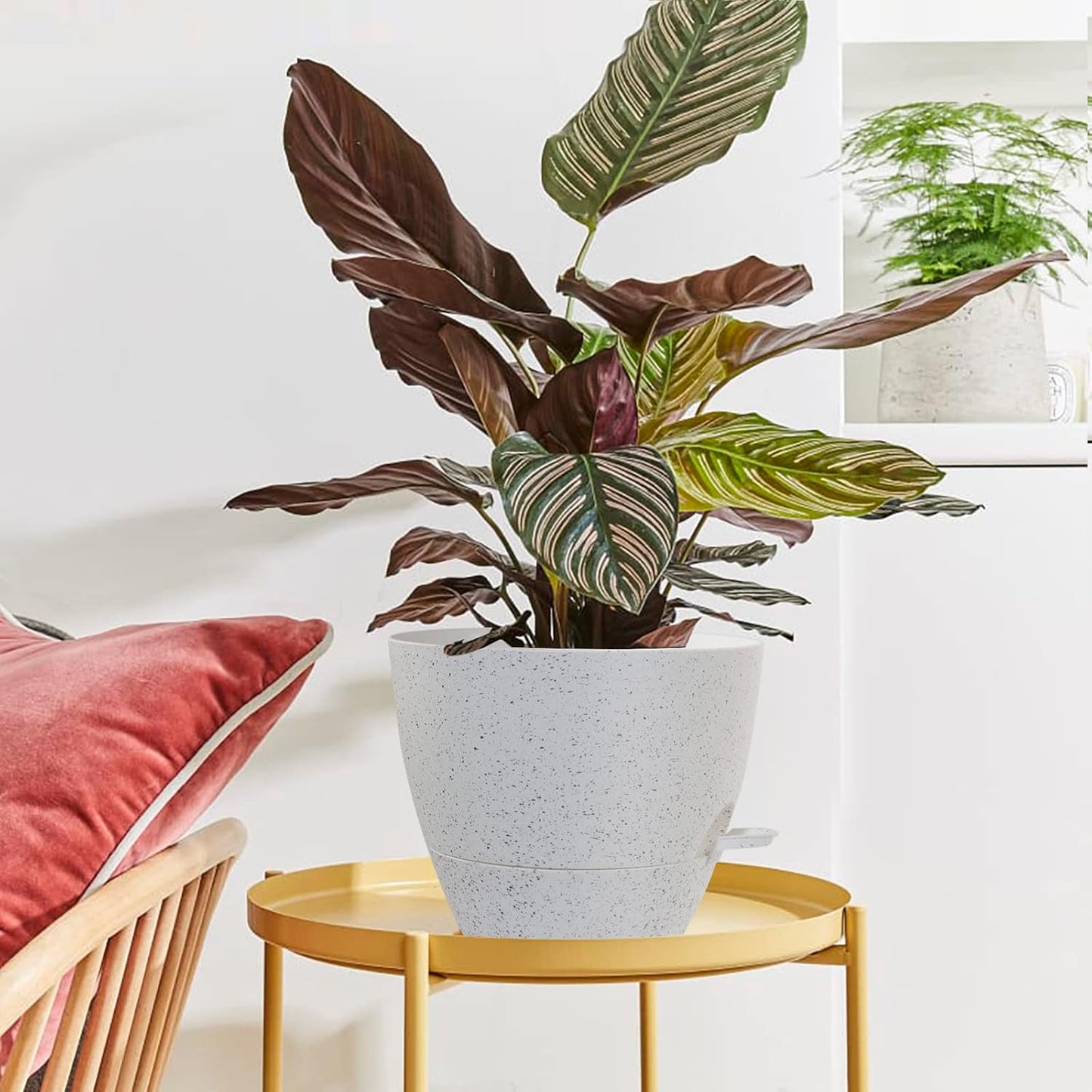 WOUSIWER 10 inch Self Watering Planters, 2 Pack Large Plastic Plant Pots with Deep Reservior and High Drainage Holes for Indoor Outdoor Plants and Flowers, Speckled White