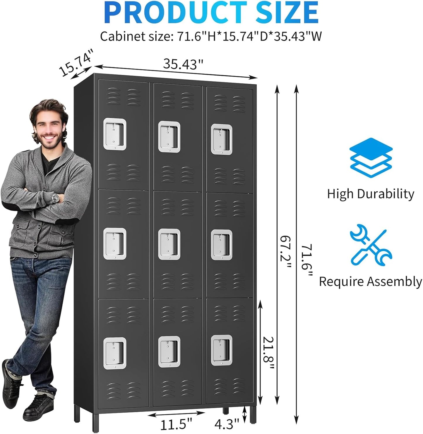 72" Metal Lockers for Employees with 9 Door, Black Metal Storage Cabinet with 27 Hooks, Industrial Locker, Assembly Required, for Gym, School, Classroom, Home, Office, Industrial