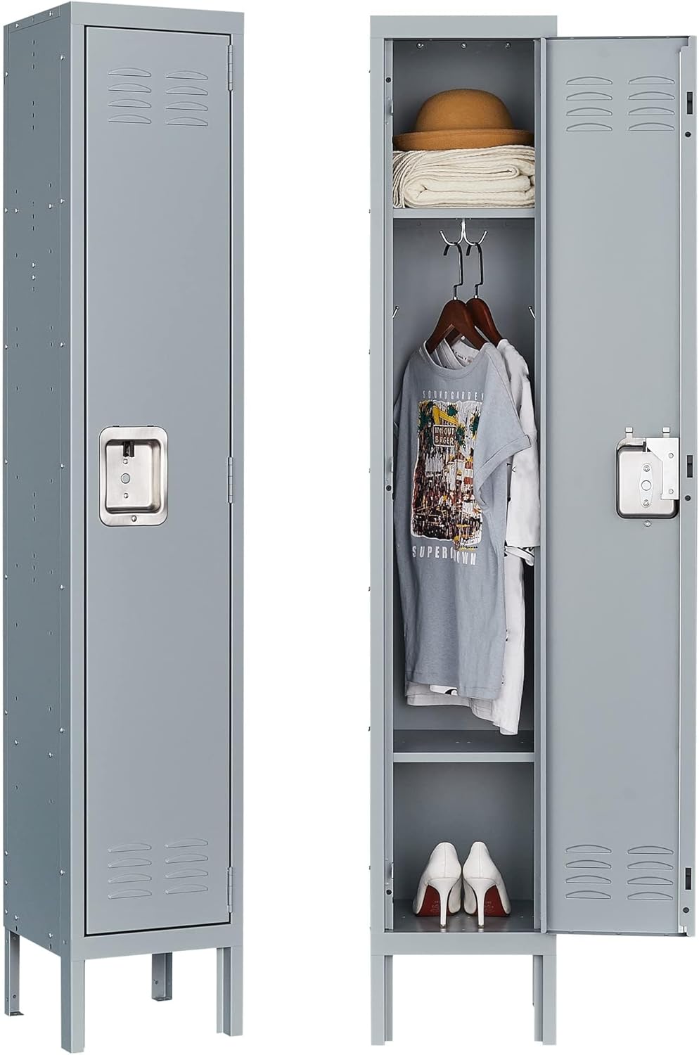 Letaya Storage Lockers with Lock Door,Metal Storage Cabinet 3 Tier with Hook for Employees, School,Gym, Home,Office(1 Door-Gray)