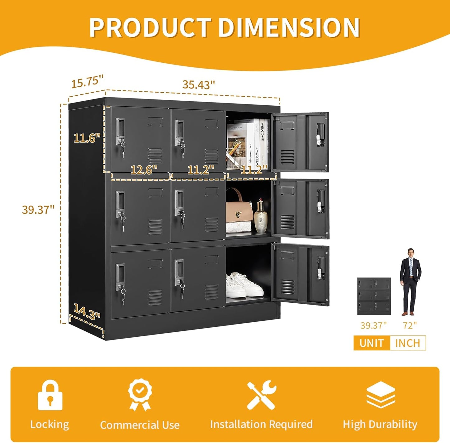 Metal Lockers for Employees, Storage Employee Locker, 72" Storage Lockers with Shelves Steel Cabinet for Home (Black, 9 Door)