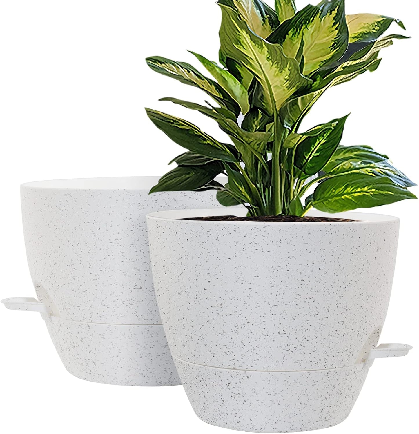 WOUSIWER 10 inch Self Watering Planters, 2 Pack Large Plastic Plant Pots with Deep Reservior and High Drainage Holes for Indoor Outdoor Plants and Flowers, Speckled White