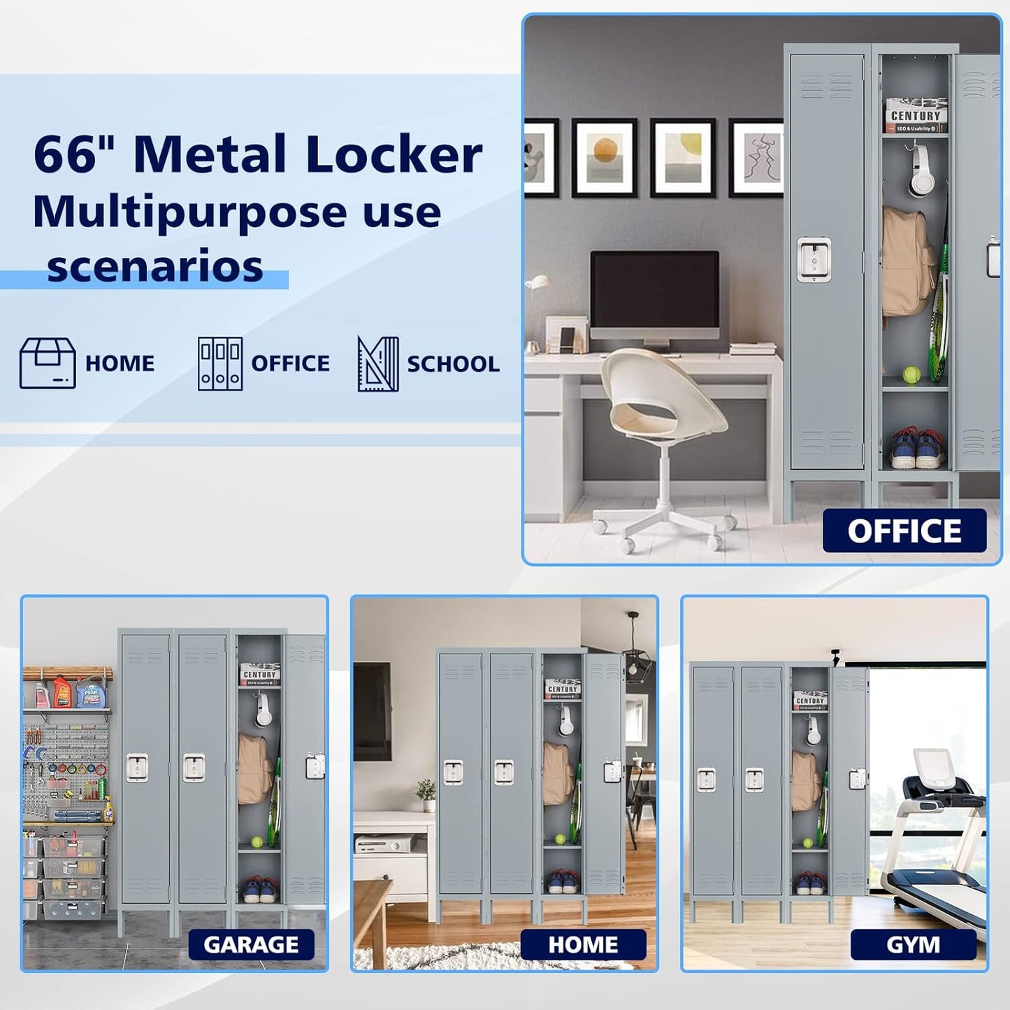 Letaya Storage Lockers with Lock Door,Metal Storage Cabinet 3 Tier with Hook for Employees, School,Gym, Home,Office(1 Door-Gray)