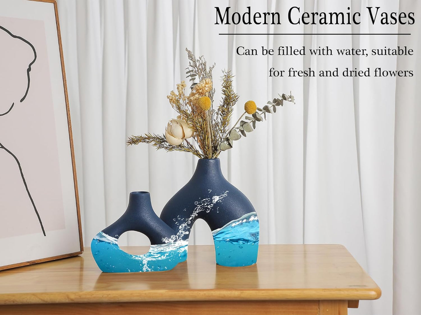 CEMABT Blue Ceramic Vase Set of 2 for Modern Minimalist Bohemian Decor，Round Matte Donut Vases for Pampas Grass-Perfect for Living Room, Dining Table, Office Bedroom Shelf Decor Entryway, Console