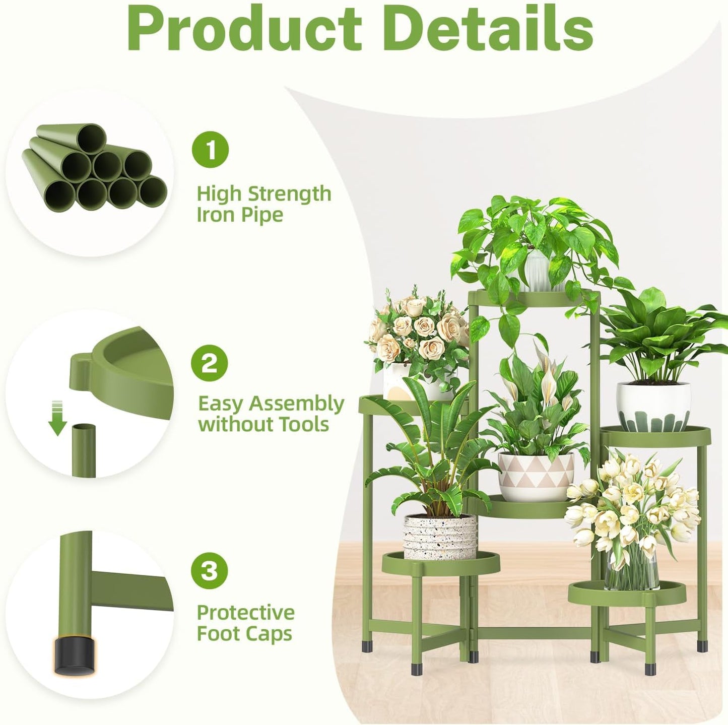 iDavosic.ly 6 Tier Folding Plant Stand Indoor Outdoor with Plastic Tray, Tiered Corner Flower Holder Shelf, Metal Orchid Display Rack for Patio Porch Living Room Garden Balcony, Green