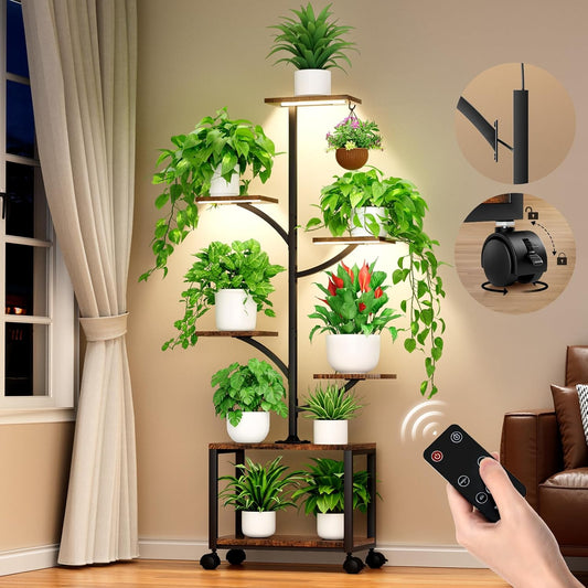 Plant Stand Indoor with Grow Lights & Wheels, 60" Tall 7-Tiered Mobile Corner Plant Shelf for Indoor Plants, Metal Tree-Shaped Plant Rack for Living Room, Patio, Balcony, Black