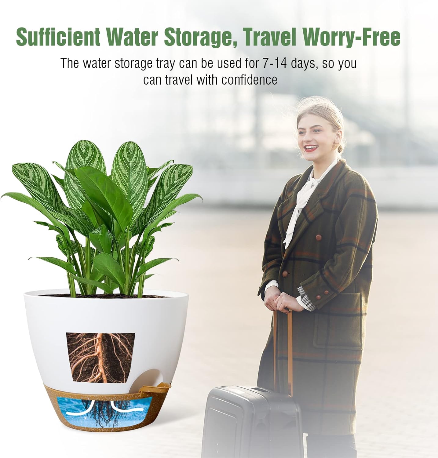 WOUSIWER 10 inch Self Watering Planters, 2 Pack Large Plastic Plant Pots with Deep Reservior and High Drainage Holes for Indoor Outdoor Plants and Flowers, White with Terracotta