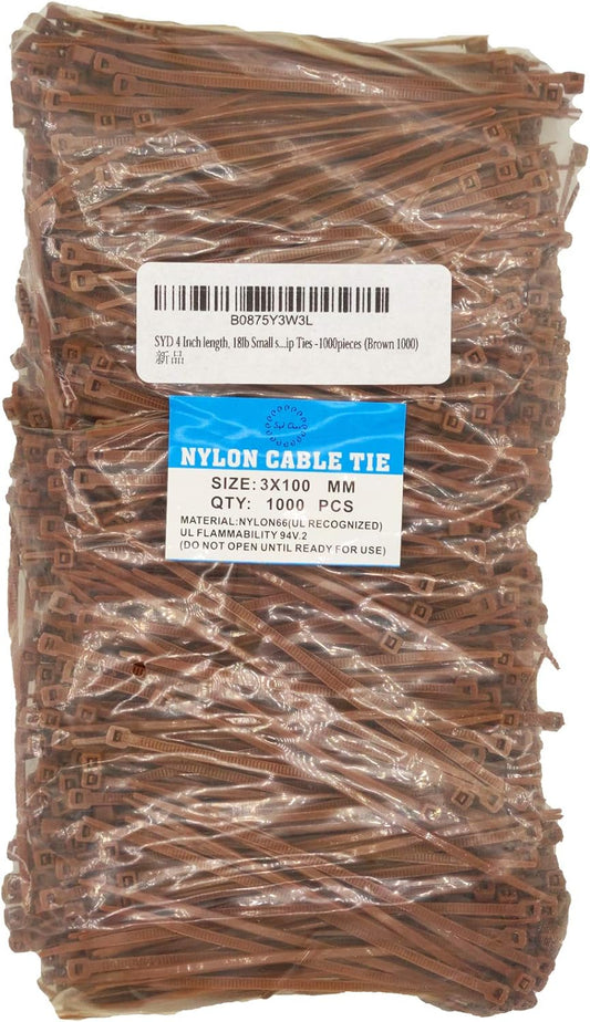 SYD 4 Inch length, 18lb Small size Self Locking Nylon Cable Zip Ties -1000 Piece (Brown)