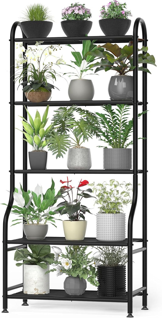5-Tier Metal Plant Stand Indoor Outdoor, Waterproof Flower Stand for Multiple Pots, Heavy Duty Plant Stands for Living Room Patio Garden Decor, Tall Plant Shelf with Leveling Feet, Black