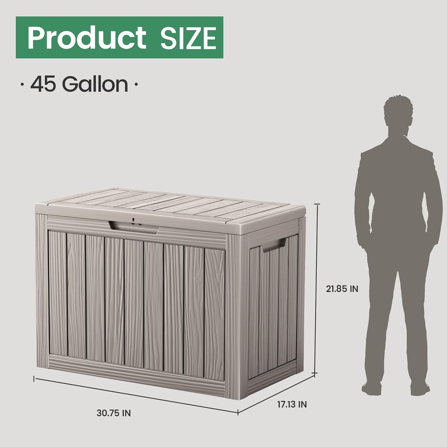 45 Outdoor Storage Box, Waterproof Resin Deck Box with Side Handles, Lockable Outdoor Bench for Indoor & Outdoor Use, Storage Bin for Patio Cushions, Garden Tools, Package Delivery, Grey