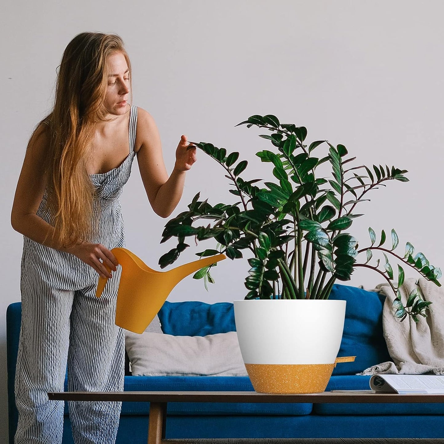 WOUSIWER 10 inch Self Watering Planters, 2 Pack Large Plastic Plant Pots with Deep Reservior and High Drainage Holes for Indoor Outdoor Plants and Flowers, White with Terracotta