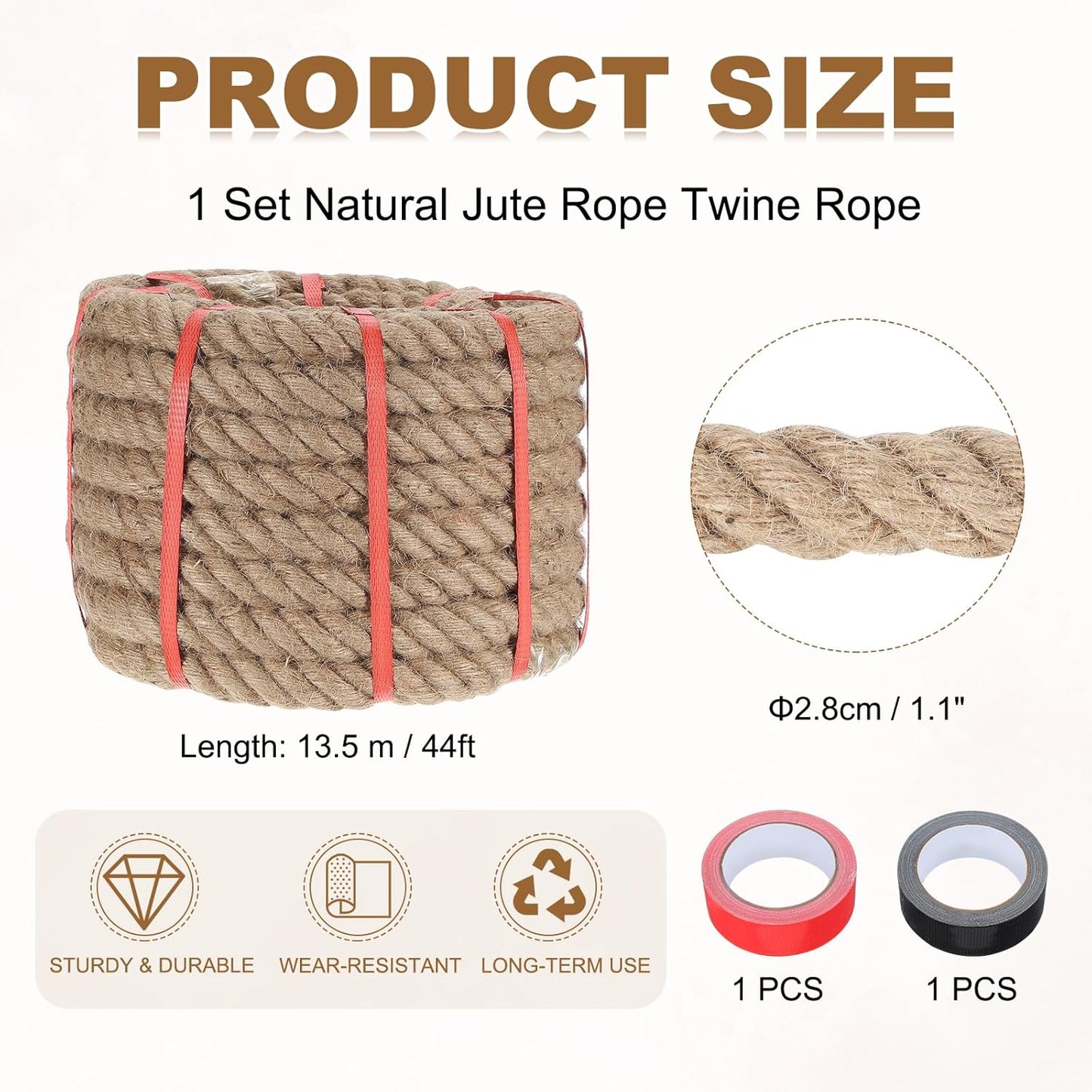 MECCANIXITY Jute Rope 1.1 Inch x 44ft, Thick Twine Rope Ropes Braided Jute Twine Natural Brown Burlap Cord String Heavy Twisted with Tapes for Decorative Crafts Railing Swing Tug of War