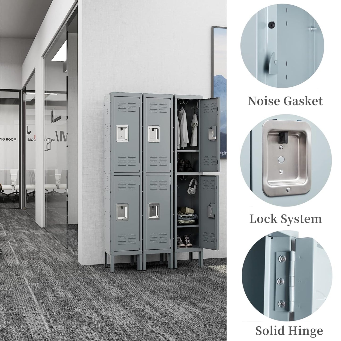 Yizosh Metal Lockers for Employees with Lock, Employees Locker Storage Cabinet with 1 Doors, Tall Steel Storage Locker for Gym, School, Office (Gray, 2 Door)