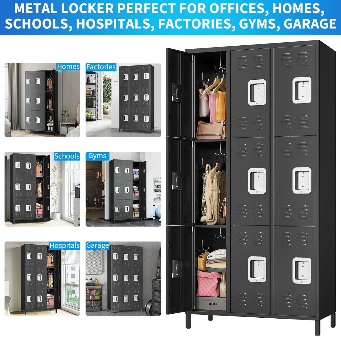 72" Metal Lockers for Employees with 9 Door, Black Metal Storage Cabinet with 27 Hooks, Industrial Locker, Assembly Required, for Gym, School, Classroom, Home, Office, Industrial