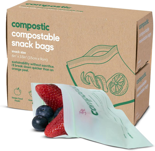 Home Compostable Resealable Snack Bags (6"x 3.5"), Microwave & Freezer Safe, Organic Food Storage Container, 100 Count