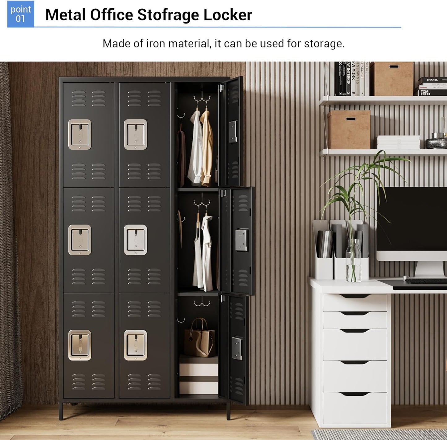 72" Metal Lockers for Employees with 9 Door, Black Metal Storage Cabinet with 27 Hooks, Industrial Locker, Assembly Required, for Gym, School, Classroom, Home, Office, Industrial