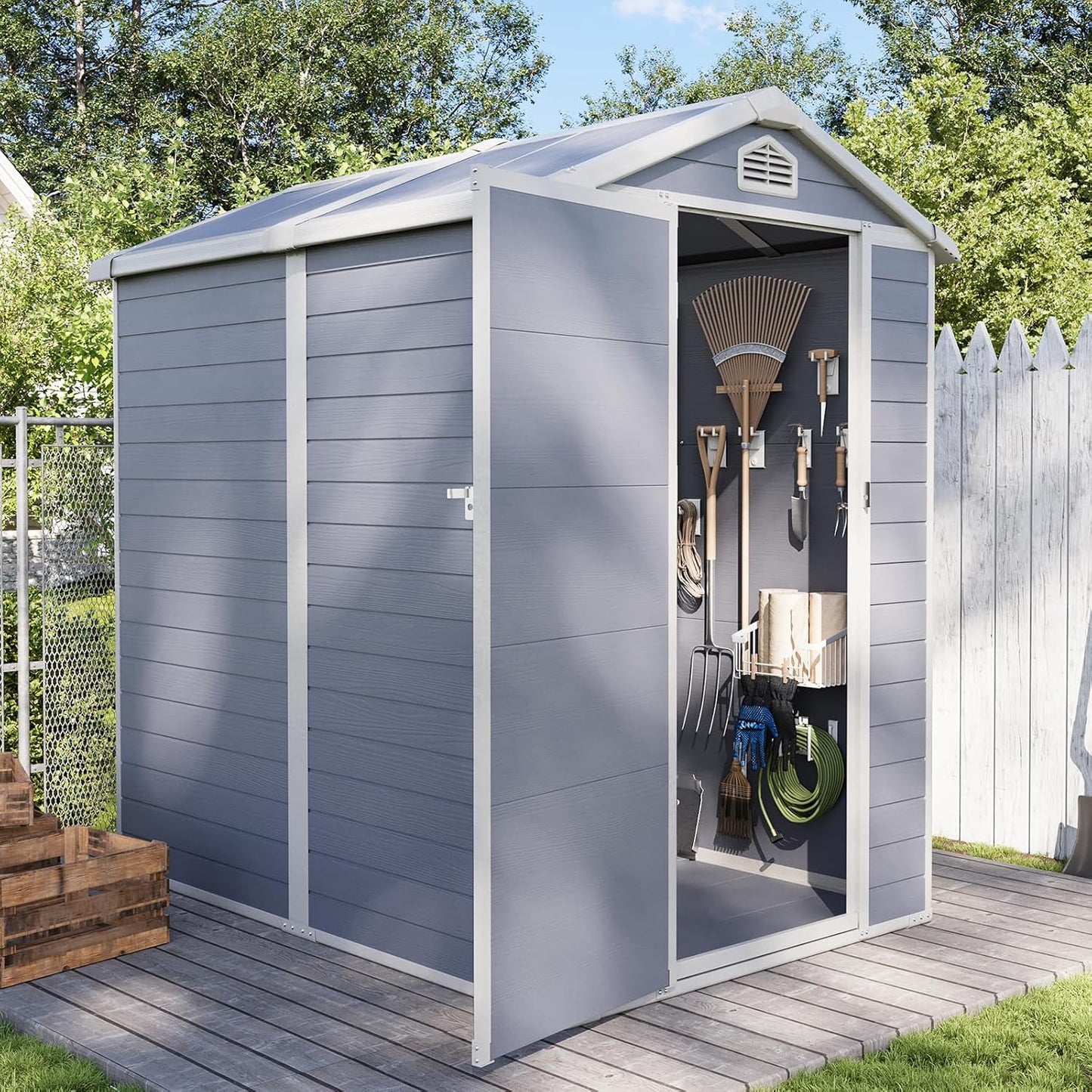 Aoxun 6.3 X 4.2 FT Resin Storage Shed Outdoor Plastic Large Garden Shed with Lockable Door, Floor for Backyard, Garden, Patio, Lawn, Grey (Grey, 6.3 x 4.4)