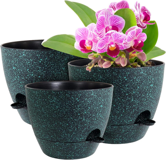 12/10/9 inch Large Self Watering Pots, Planter, Plant Pots with Mesh Drainage Holes for Indoor Outdoor Garden Plants, Plastic Flower Pots with Deep Reservoir, Black with Green Speckles