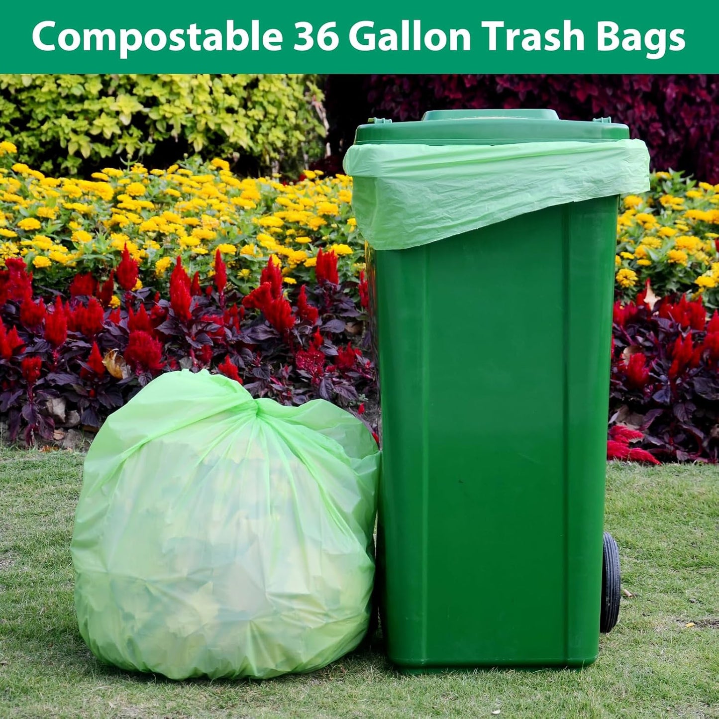 Compostable 36 gallon Trash Bags, Extra Thick 1.28 Mills, Compost 36 Gal Trash Bags (Kitchen Tall Garbage Bags), Compostable Lawn & Leaf Yard Waste bags,ASTM D6400,Bpi Certified