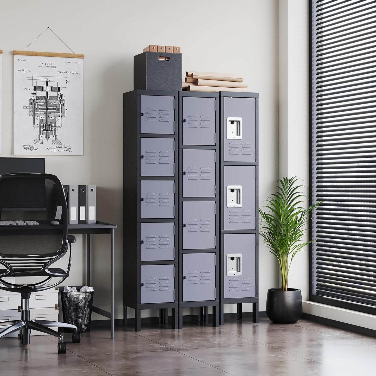 Letaya Metal Locker for Employees,5 Tiered Lockable Storage Organizer Steel Wall Lockers for Work,School,Gym,Home,Office,Staff,Kid Room (5 Door-Black Gray)