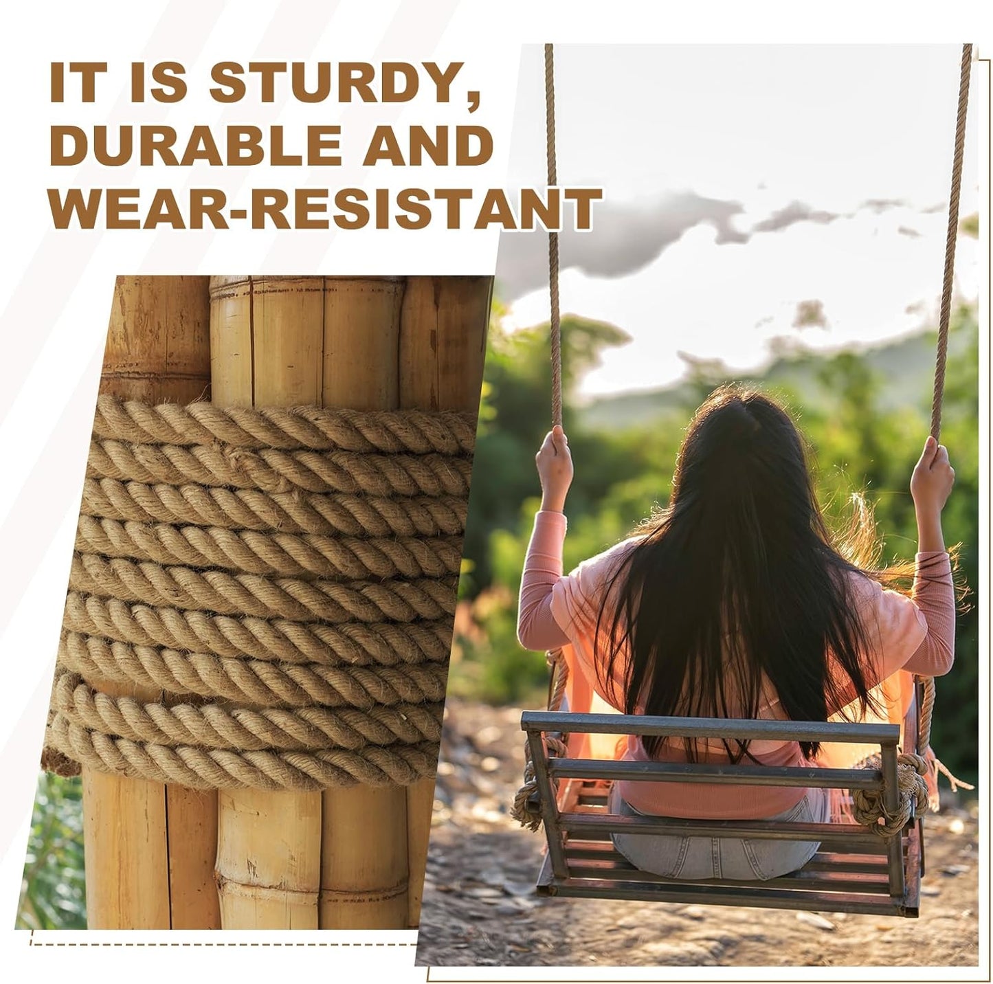 MECCANIXITY Jute Rope 1.4 Inch x 44ft, Thick Twine Rope Ropes Braided Jute Twine Natural Brown Burlap Cord String Heavy Twisted with Tapes for Decorative Crafts Railing Swing Tug of War